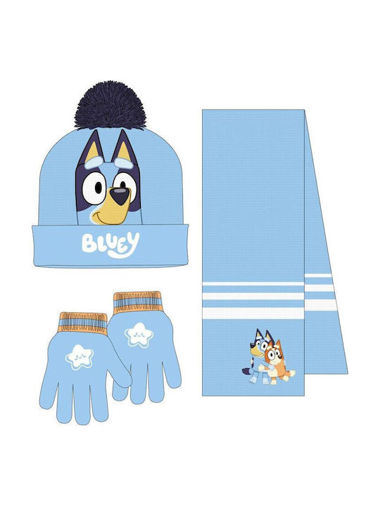 Bluey Подредба Детска Шапка с Шал и Ръкавици Плетена Светлосиня