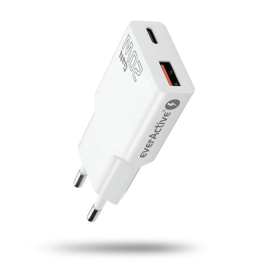 everActive Φορτιστής Χωρίς Καλώδιο GaN με Θύρα USB-A και Θύρα USB-C και Καλώδιο USB-C 20W Power Delivery / Quick Charge 3.0 Λευκός (SC-340Q)