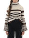 Women's Long Sleeve Crop Sweater Striped Ecru-brown