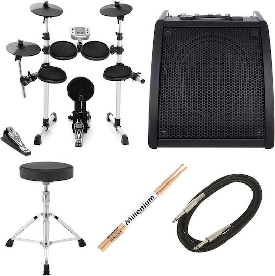Millenium Elektronische Drumsets Mps-150 E-Drum in Silber Farbe mit Hocker & Baguettes