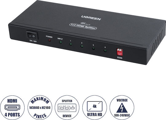 Globostar Ugreen-1x4 41019 Ugreen 1x4 All In One 4k HDMI Signal Splitter LED Video Controllers Input Signal W3840 x H2160@60Hz Input 1 HDMI Output 4 HDMI AC 220-240V IP20 D17.7 x W7.5 x H2cm 2 Years Warranty