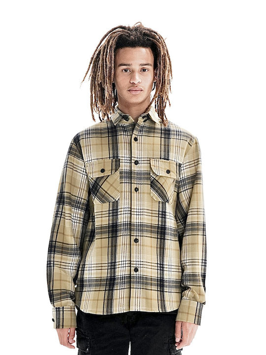 Long-sleeved Flannel Shirt Checked Beige