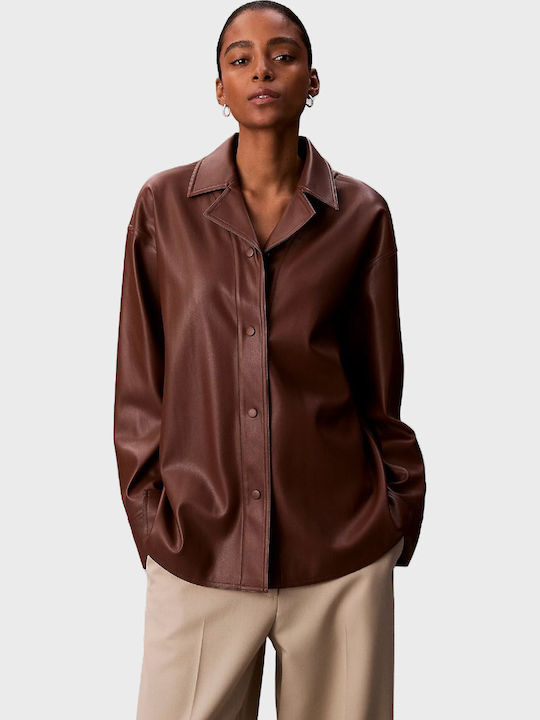 Women's Leather Long Sleeve Shirt Brown