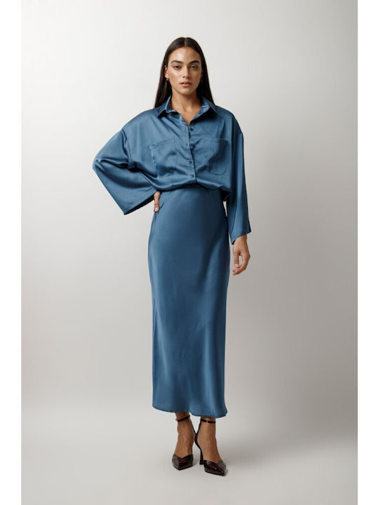 Satin Midi Skirt Indigo