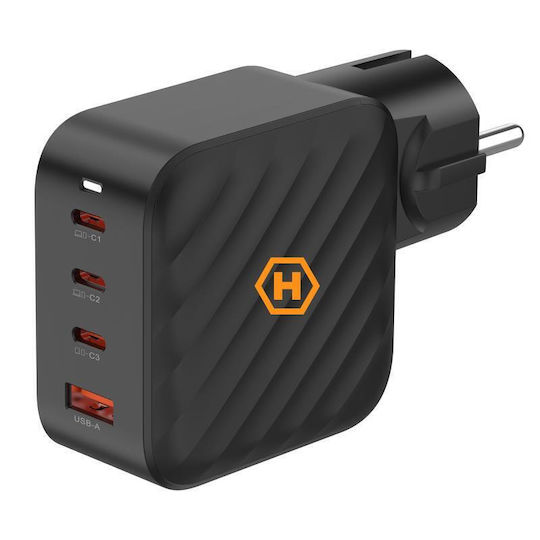 Hammer Charger Without Cable GaN with USB-A Port and 3 USB-C Ports 100W Power Delivery Blacks (RapidCharge Duo)