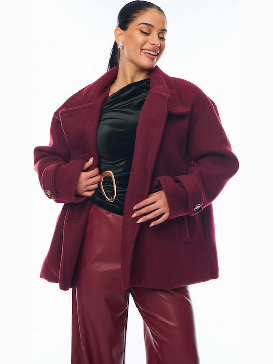 Women's Bordeaux Peacoat with Buttons