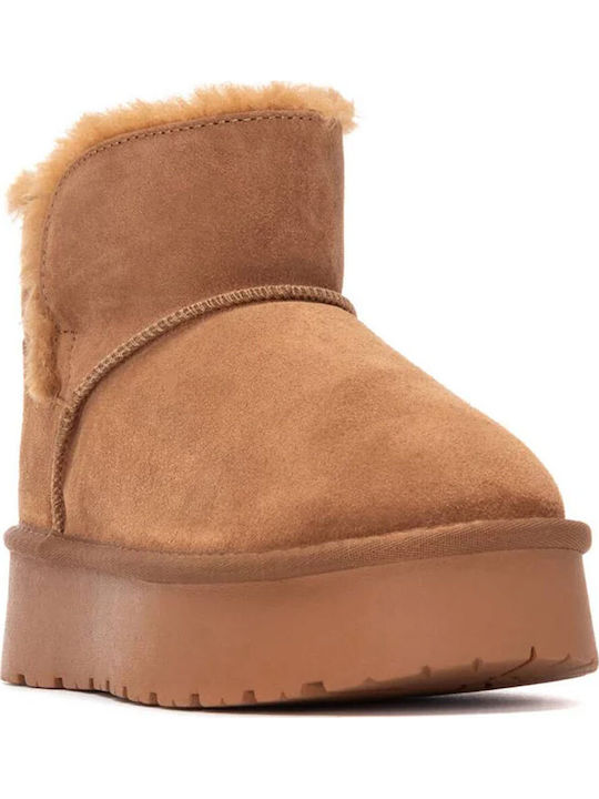 Leather Women's Ankle Boots with Fur Brown