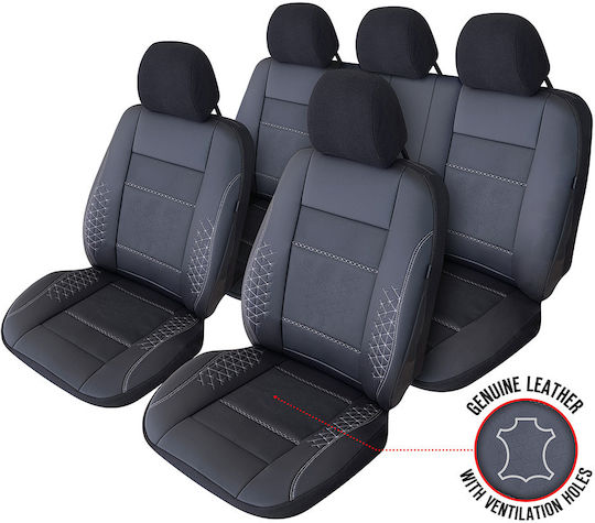 Smartic Huse Scaune Auto Atlas Piele Ecologică Inserții Din Piele Naturală 11 Piese Compatibile Cu Airbag Pliabile Material În 3 Straturi Negru Gri