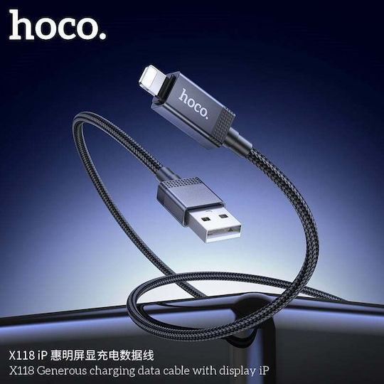 Hoco X118 Braided / LED USB-A to Lightning Cable 12W Μαύρο 1m