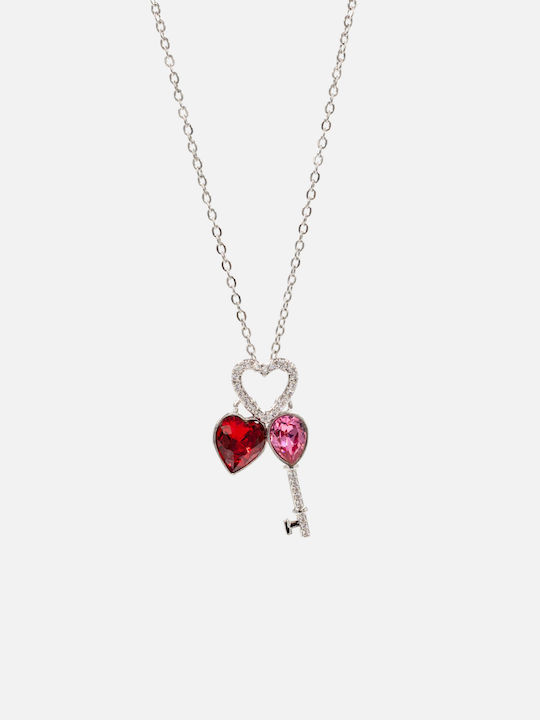 Chrysothemiss Women's Necklace Key To My Heart Rhodium Plated Red & Pink Crystals