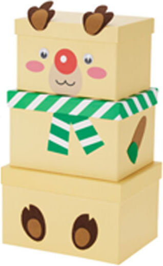 Reindeer Paper Christmas Gift Box for Presents Beige 24.5x15x18.5cm 3 Pieces Reindeer