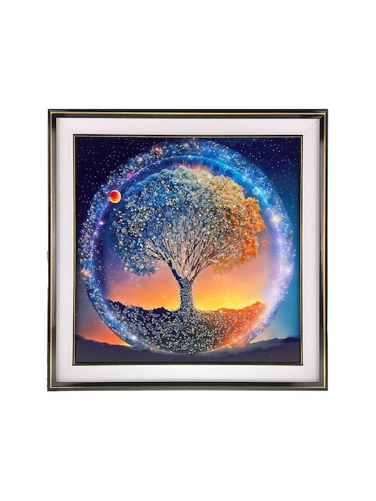 Pictură Abstractă Mare Efect Lucios Copac Cosmic În Cadru Auriu 72x72 Cm