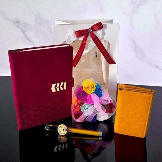 Pachet Timeless Notes Profesor Planner Vișiniu Portofel Galben-muștar Pix "Cel Mai Bun Profesor" Săpun Trandafir Cutie Într-o Geantă Cu Fereastră