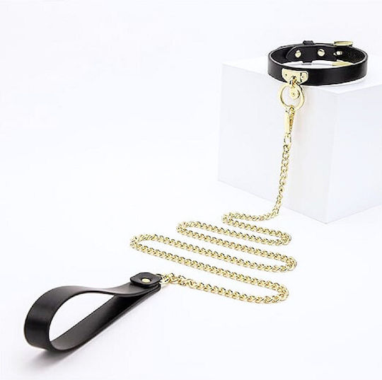 Smd Minx Sm Adjustable Leather Neck Chocker Collar Chain Leash Submissive Κολάρο Λουρί Black Gold