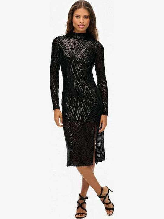 Dress Midi Evening Dress Open Back with Slit Black