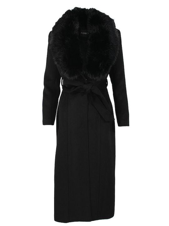 Forel Women's Black Coat with Fur Details