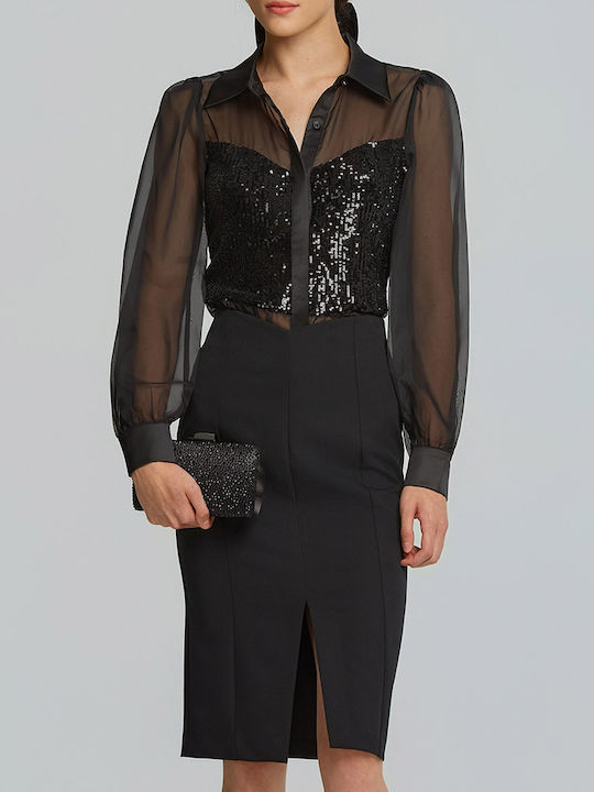 Women's Satin Long Sleeve Shirt Black