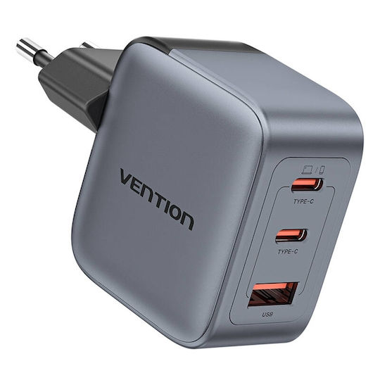 Vention Φορτιστής Χωρίς Καλώδιο GaN με Θύρα USB-A και 2 Θύρες USB-C 70W Power Delivery Γκρι (FEXH0-EU)