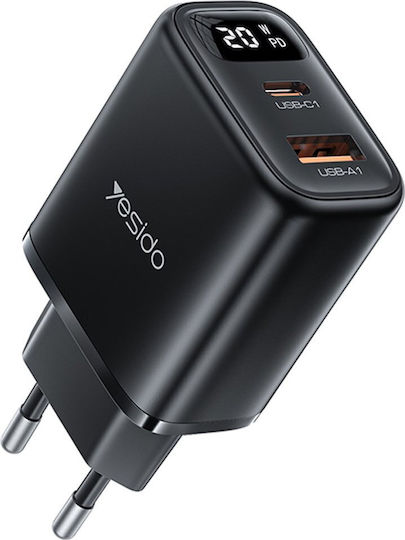 Yesido Charger Without Cable with USB-A Port and USB-C Port 20W Blacks (YC68)
