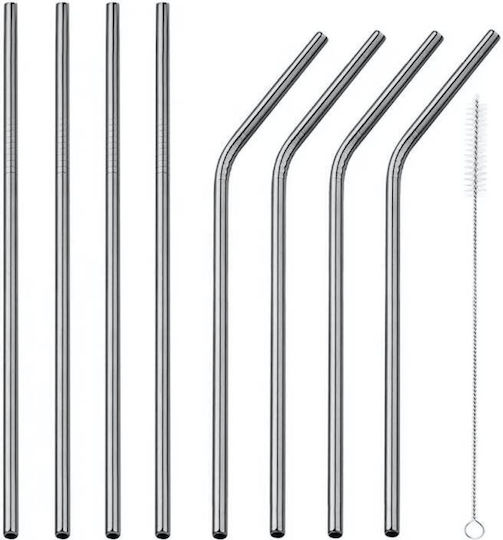 8 Paie de Băut Metalice 26.5cm Argintii 1 Periuță de Curățare