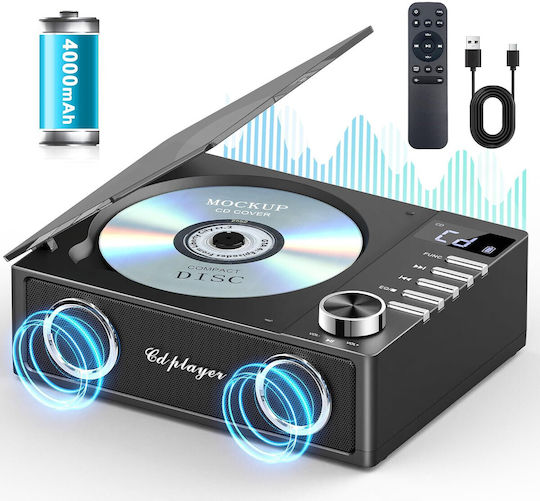 CD Player Portabil Bluetooth 5.3 Baterie 4000 mAh Telecomandă Sunet Hifi Ecran LED Difuzor Integrat Radio USB TF Aux Port Ieșire Optică Negru