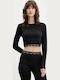 Damen Sport Crop Top Langarm Black