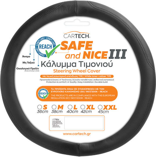 Cartech Car Steering Wheel Cover with Diameter 38cm Leather Black with Black Stitching