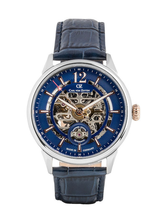 Carl Von Zeyten Ανδρικό Ρολόι 43mm Αυτόματο με Μπλε Δερμάτινο Λουράκι
