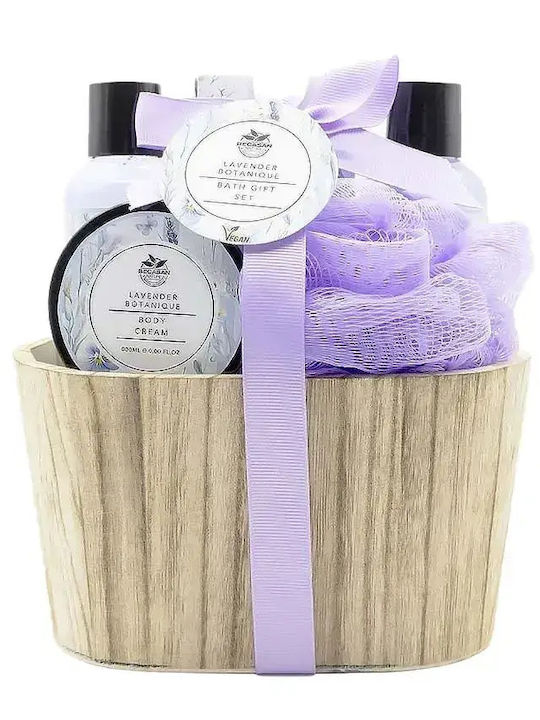 Becasan Wooden Bucket Set Lavender Botanique Hautpflegeset für Feuchtigkeitsspendend & Reinigung Körperreinigung Holzgehäuse 15,5 x 18,5 x 7,5 cm 5Stück