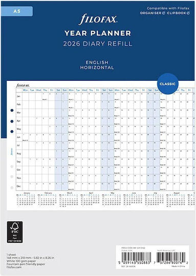 Filofax English Horizontal Annual Planner 2026 White 14.8x21cm