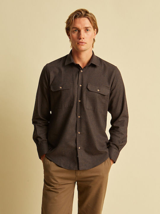 Μακρυμάνικo Φανελένιο Overshirt σε Κανονική Γραμμή Καφέ
