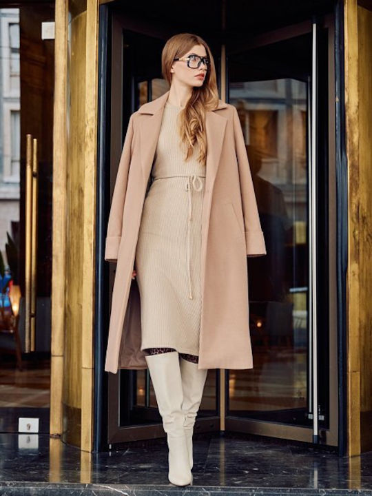 Desiree Γυναικείο Μπεζ Παλτό Oversized με Κουμπιά