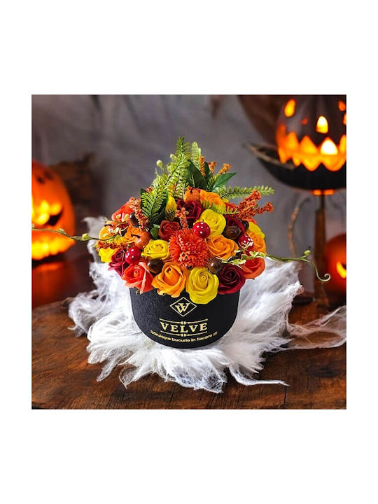 Aranjament Floral De Halloween Amber Dream În Cutie Rotundă 49 Trandafiri Săpun Crizanteme Dovleci Alune Ciuperci