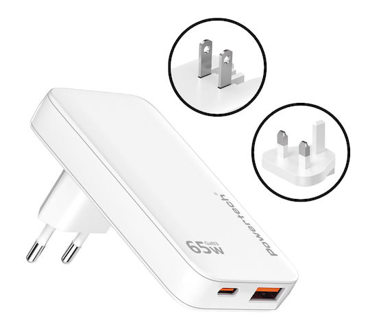 Powertech Ladegerät ohne Kabel GaN mit USB-A Anschluss und USB-C Anschluss 65W Schnellaufladung 3.0 Weißs (PT-1532)