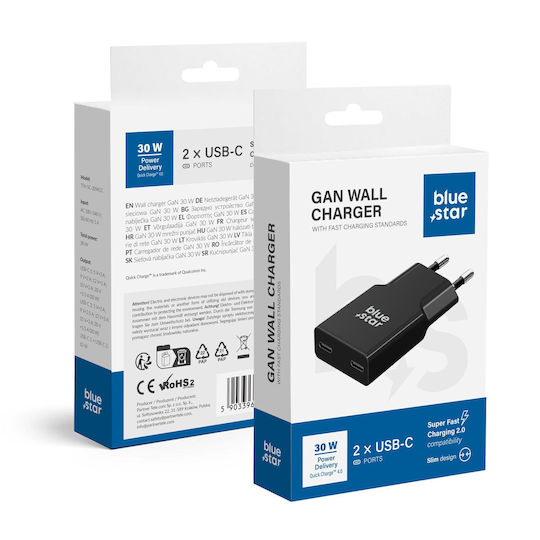 Blue Star Charger Without Cable GaN with 2 USB-C Ports 30W Power Delivery / Quick Charge 4.0 Blacks (TFK-SC-30WCC)