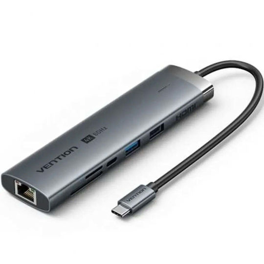 Vention USB-C Докинг станция с 4K PD Ethernet Сив (TGVHB)
