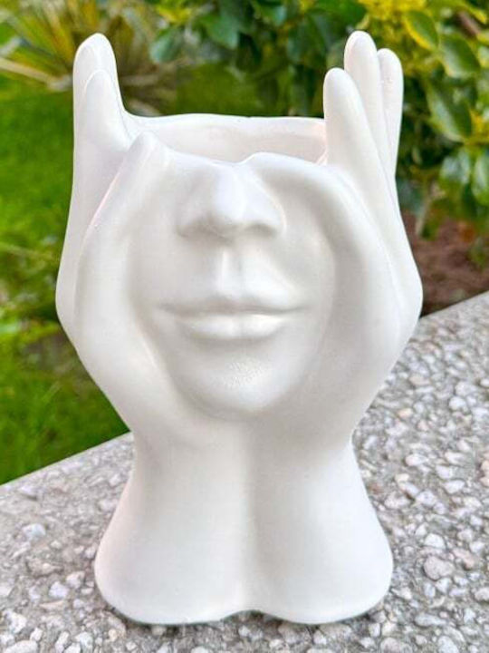 Artistic Decorative Ceramic Vase Face Covered By Hands White