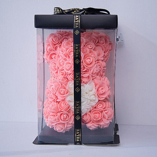 Floral Teddy Bear 25 Cm Bright Leds Foam Roses White Heart In Gift Box Powder Pink