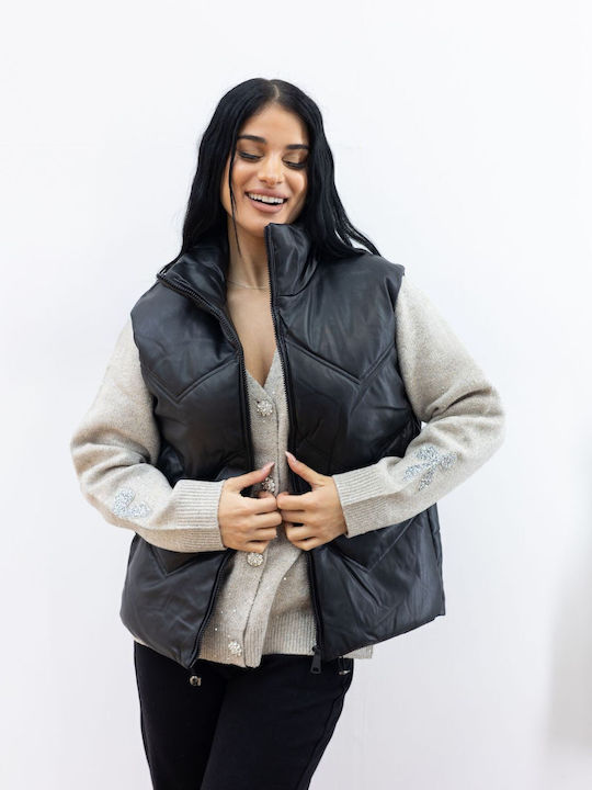 Aqua Lino Ärmellos Jacke Biker aus Kunstleder Black