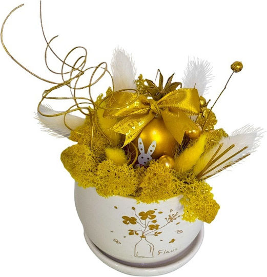Aranjament Floral Sclipitor În Vază Ceramică În Formă De Cupă Lagurus Licheni Stabilizați Ou Decorativ Plante Handmade Galbene 21 X 7 Cm