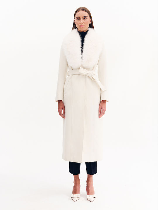 Women's Ecru Coat with Fur Details