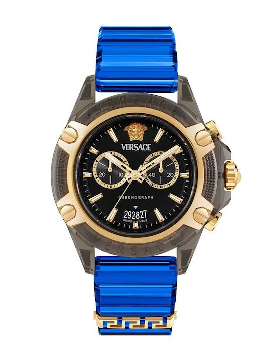 Versace Icon Damen Uhr Chronograph mit Blau Kautschukarmband