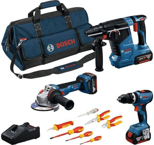 Bosch 0615A5007H Σετ Γωνιακός Τροχός, Δραπανοκατσάβιδο & Πιστολέτο 18V με 3 Μπαταρίες 5Ah και Θήκη