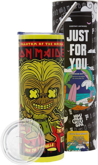Iron Maiden Eddie Neon Yellow Thermos Bottle with Metal Straw Stainless Steel 304 Food Grade
