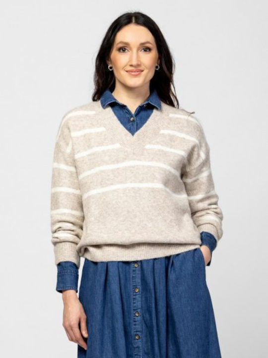 Damen Pullover mit V-Ausschnitt Gestreift Beige