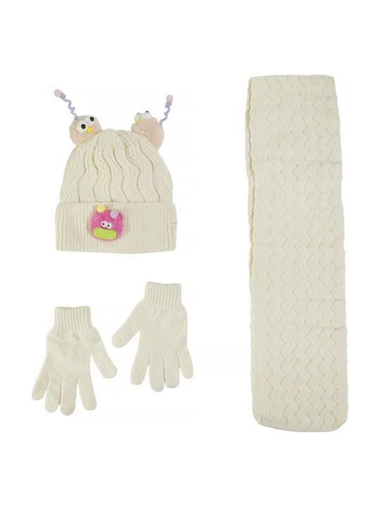 Kids Beanie Set with Scarf & Gloves Knitted Beige