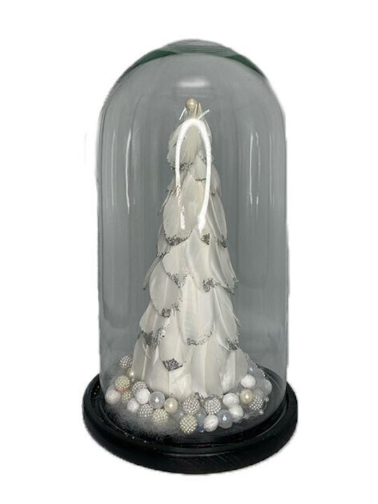 Decoratiune De Crăciun Arbore De Crăciun Mic Împodobit Alb Argintiu Pene În Cupolă De Sticlă Ø 18 Cm X 32 Înălțime Alb