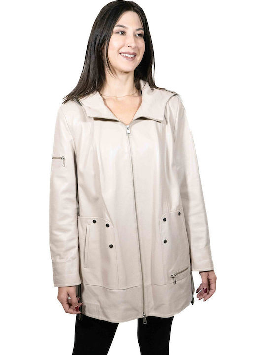 Women's Lifestyle Leather Jacket for Winter with Hood Beige