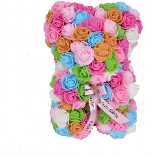 Multicolor Floral Teddy Bear Made Roses 25 Cm Hand Decorated Gift Box Pink Salmon Blue