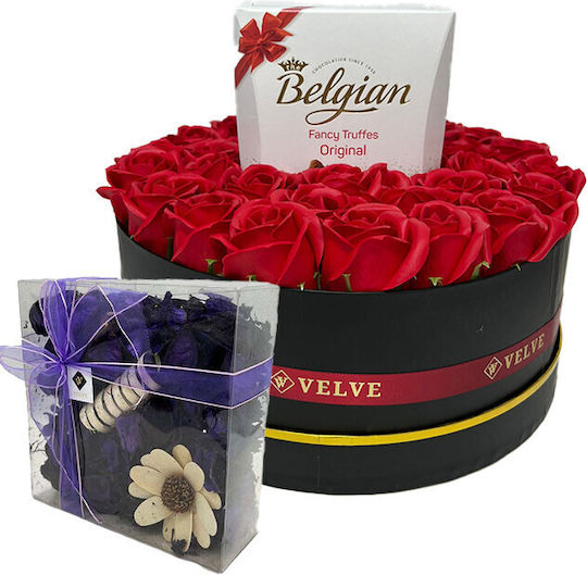 Blumengesteck In Einer Rundbox Seifenrosen Belgische Trüffel Duftgetrocknete Blumen Rote